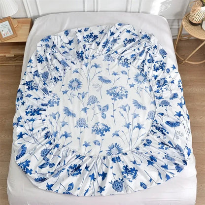 Twin Fitted Bed Sheet with Elastic Blue Flower Printed Bed Cover Single/Queen/King.