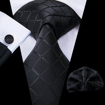 Black White Gray Silver Men Tie Handkerchief Cufflinks Set.