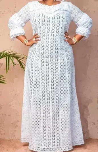 White Lace Dresses for Women , Elegant Turn Down Collar, Puff Sleeves Pleated Hem, Midi Dress Luxury Occasion Clothes.