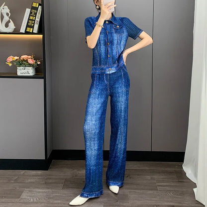 Denim Print Pleated Women's Two Pieces Set