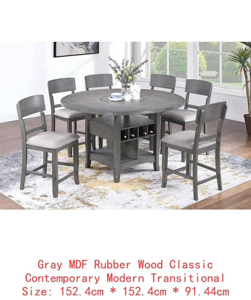 Classic 7-Piece Counter Height Dining Set, with Antique White and Gray Table, Lazy Susan, Built-in Leaf, and 6 High Chairs.