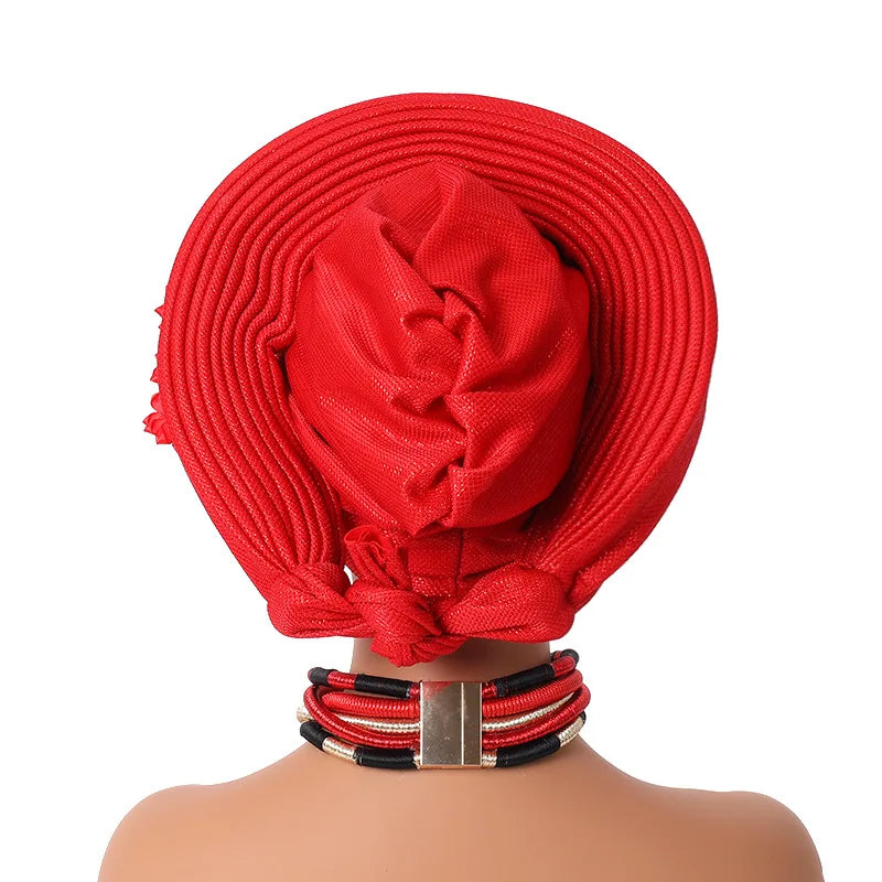 Red Multi-Layered, Turban Hat African Fan Shaped Head Wraps ,Pleated Headwear With Crystal.