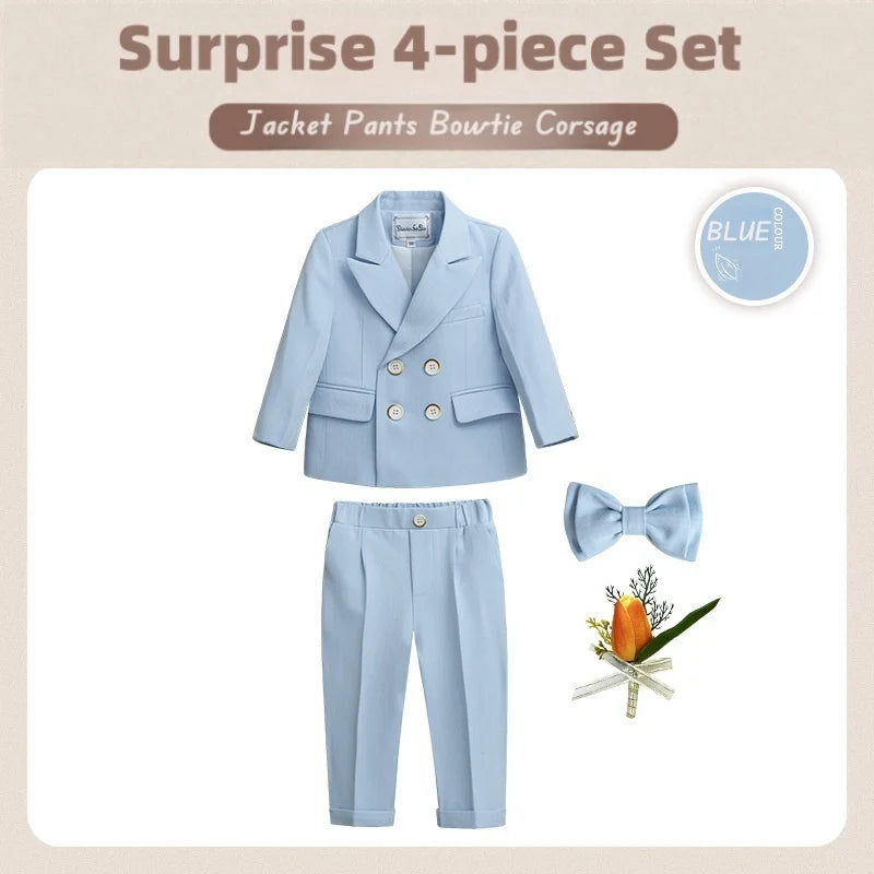 Boys Light Blue Sophisticated Double Breasted 2 Piece Suit Jacket Trousers.