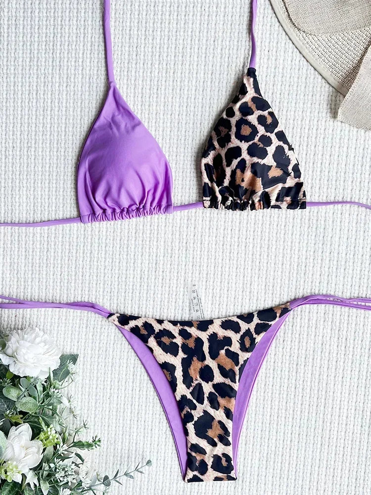 Halter Splicing Leopard Bikinis 2026 Satin Bikini Female Swimsuit Women Swimwear.