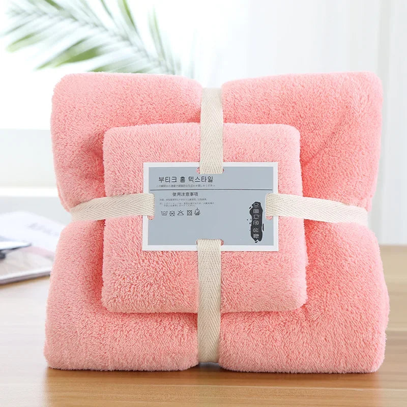 2pcs Set Luxury Super Large Towel Coral Fleece Bath Towel  Set for Adults 70x140cm 35x75cm