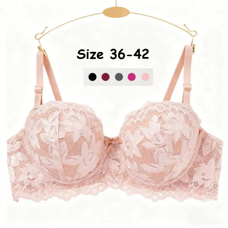 Women's Push Up Half Cup Bras, French Lace Floral Thicken Bottom, Gathered Underwire 36-42 Cup Soft Underwear.