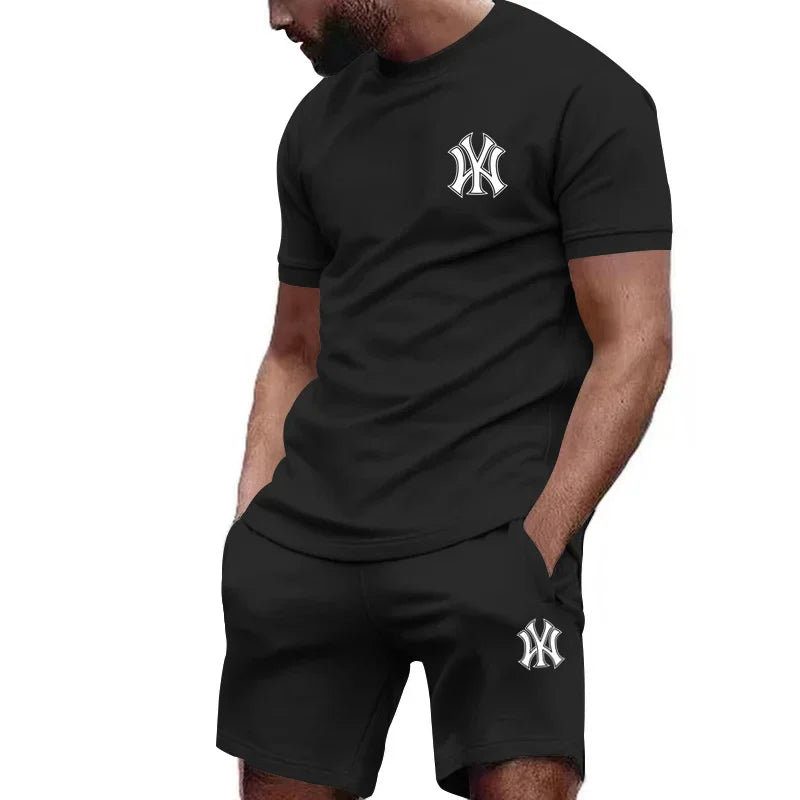 2026 hot men's two-piece sportswear short sleeved T-shirt and summer running fitness sportswear.