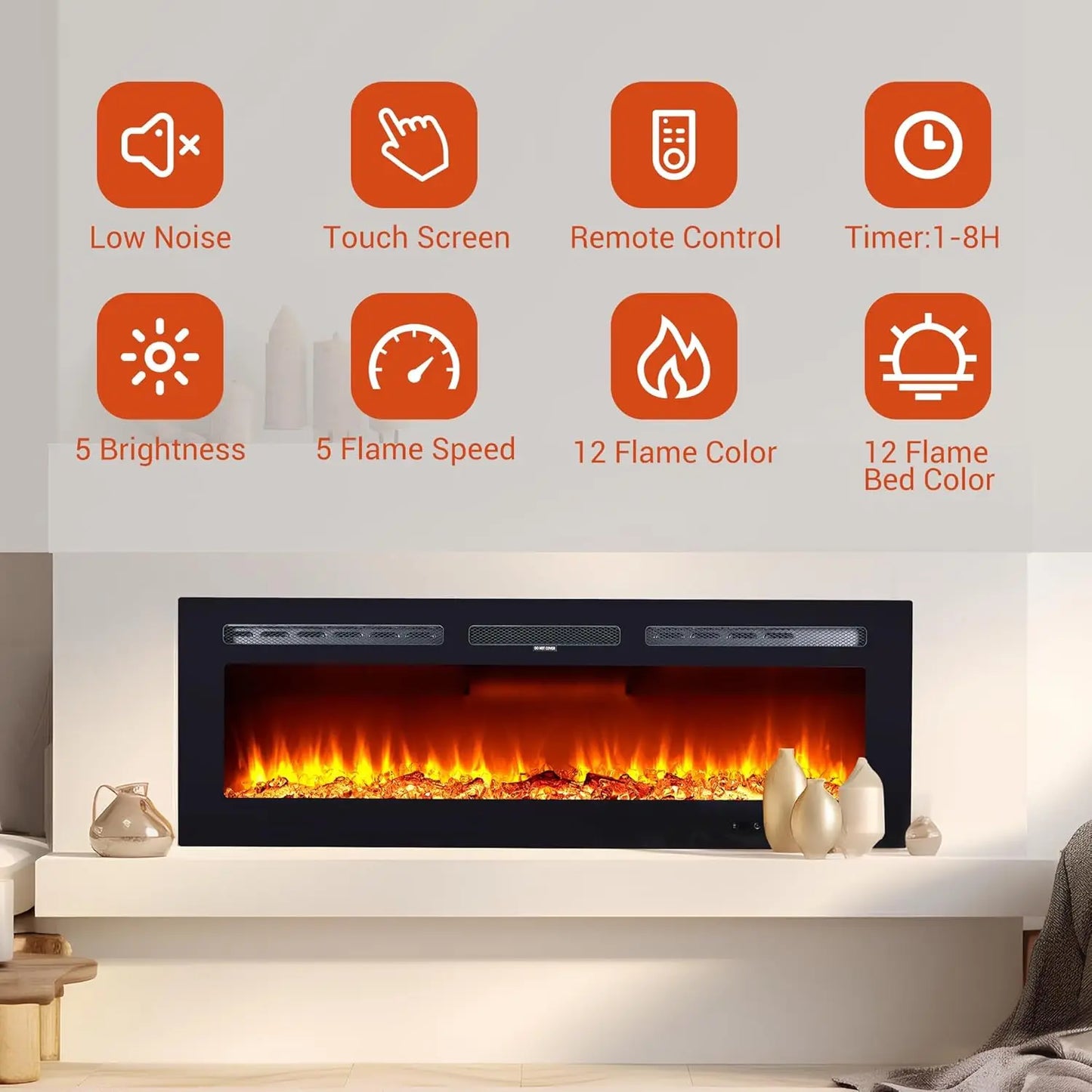 Electric Fireplace Wall Mounted with Remote Control Touch Screen