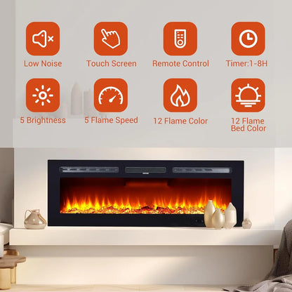 Electric Fireplace Wall Mounted with Remote Control Touch Screen