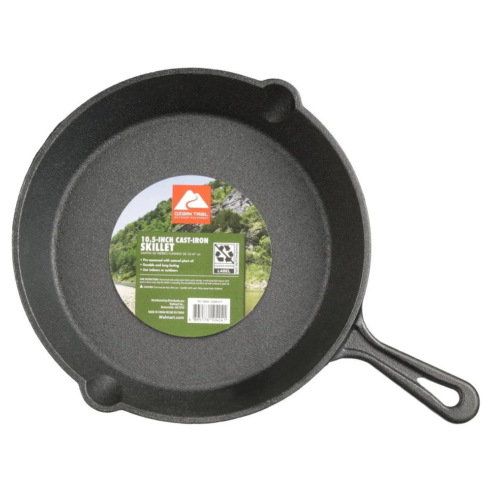 Pre-Seasoned Cast Iron Skillet 10.5 Inch, Heat Distribution Versatile Cooking Nonstick Surface, Campfire Safe Easy Drain Pour.