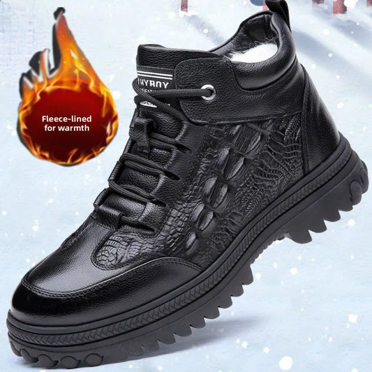 Men Winter High Top Cotton Shoes, Warm Fleece Lined Anti-Slip Casual Shoes for Elderly.