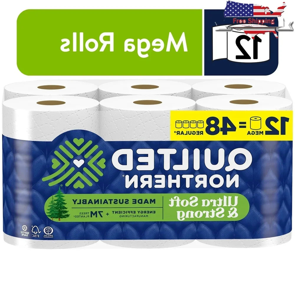Ultra Soft Strong Toilet Paper 12 Mega Rolls 2 Ply 5X Strong Septic Safe Eco-Friendly.