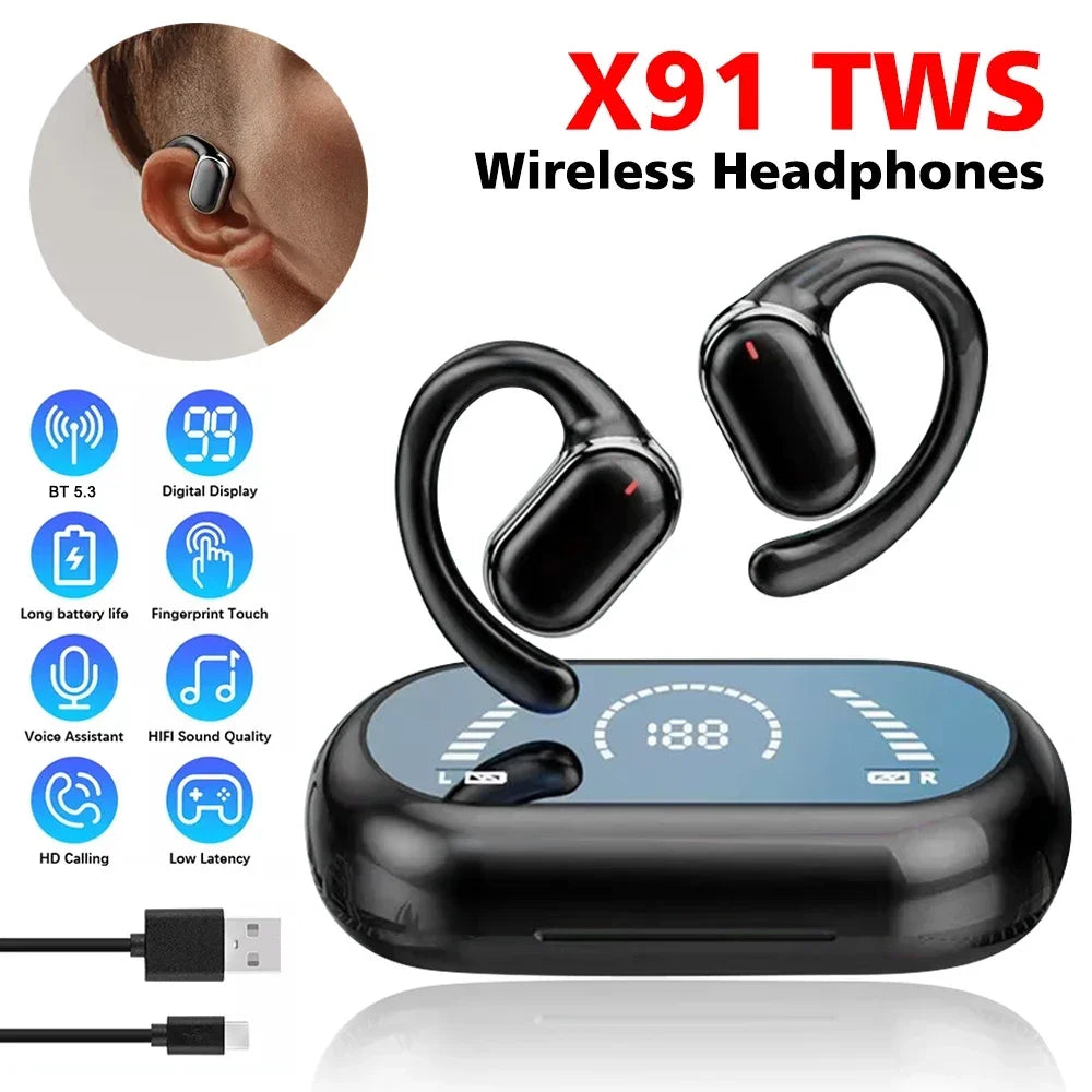 X91 OWS Ear hook Earphones, Bluetooth 5.3 Low Latency, Gaming, Sport HiFi Stereo, Noise Reduction Earbuds.