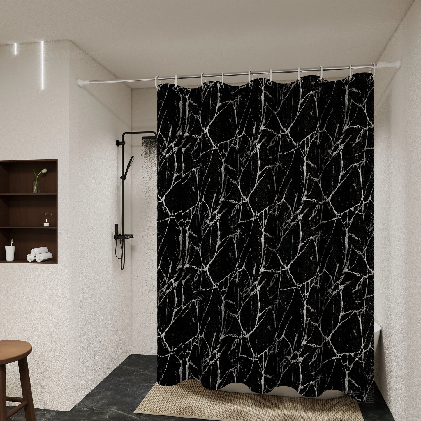Bathroom Shower Curtain Easy Clean and Wipe Marble Curtain with Hooks