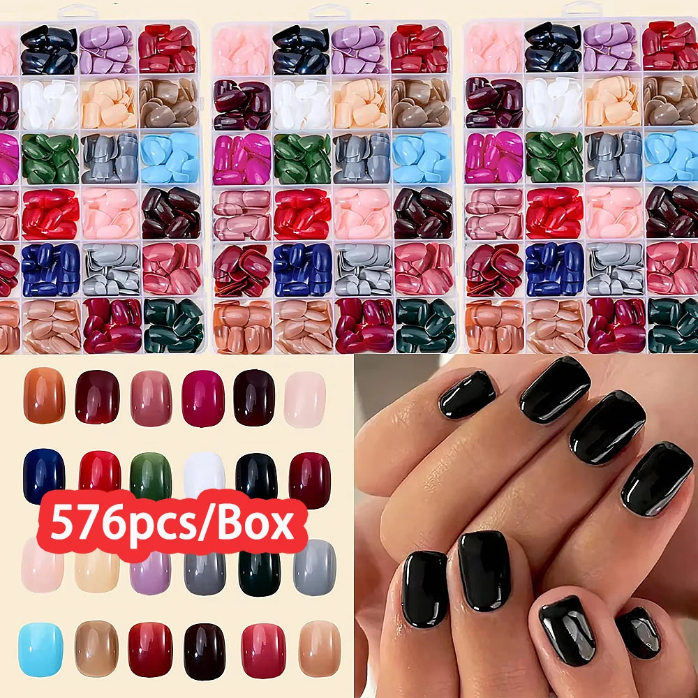 576pcs/Box Colorful Fake Nails Black Red Design, Oval Short Square Press On Mixed Full Cover Nail Tips.