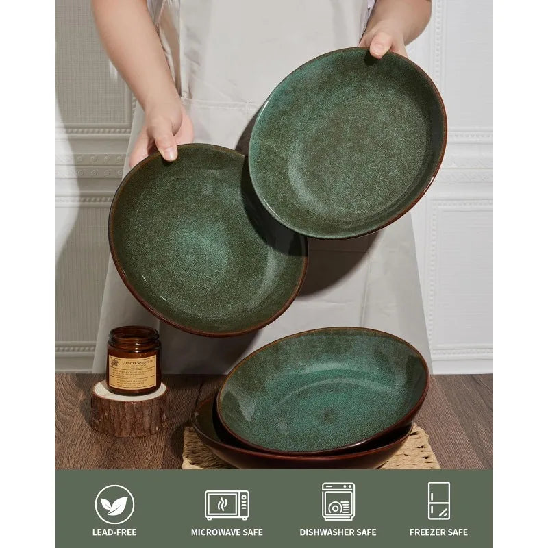 16 Piece Double Bowl Dinnerware Sets, with Pasta Bowls, Natural Earth ware Service for 4 Sage Green.