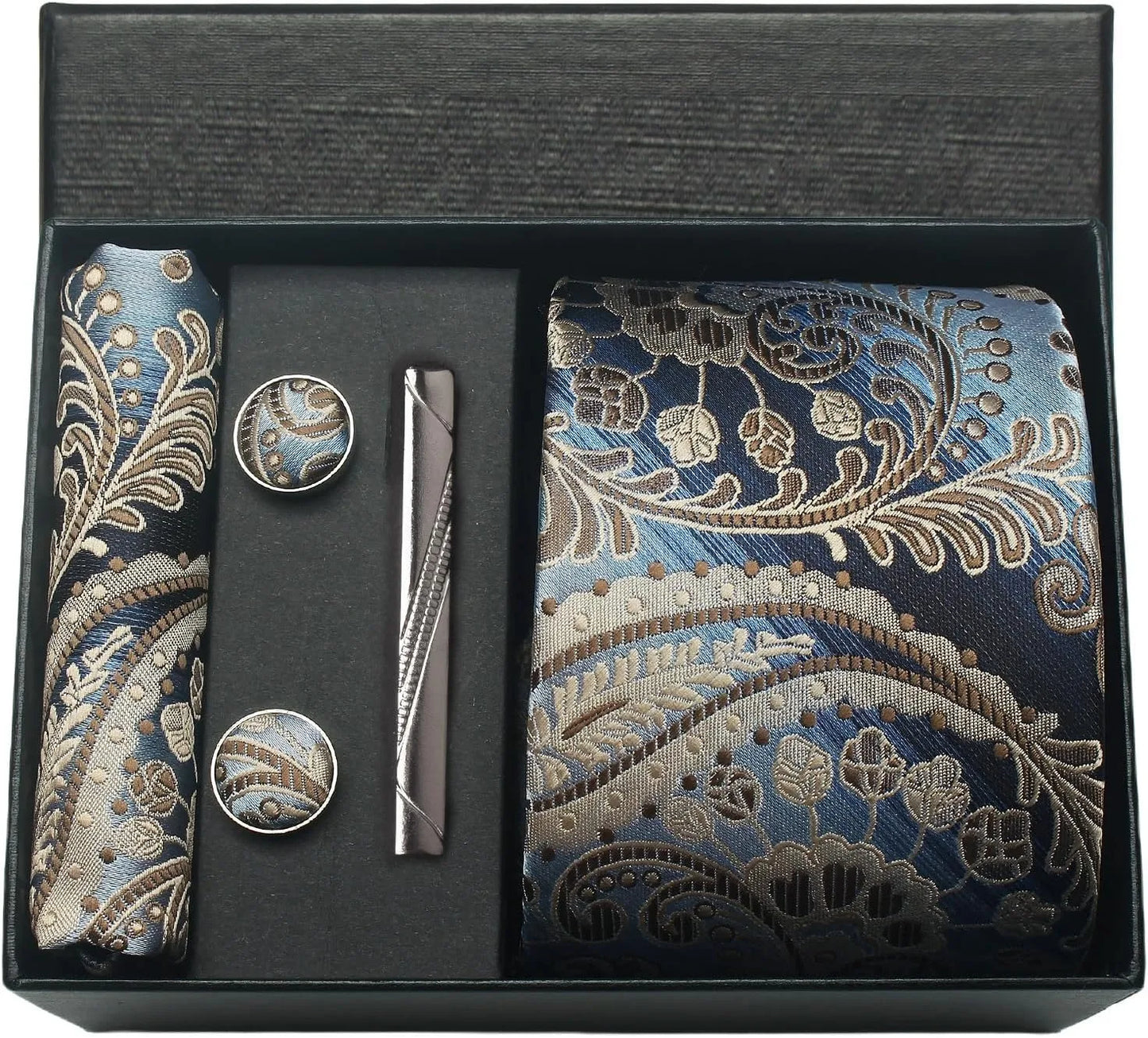 100% Silk Necktie Paisley Floral Men Business Tie, Pocket Square ,Tie Clip ,Cufflinks Set  Gift Box.