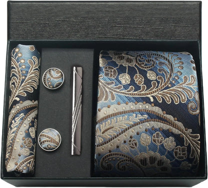 100% Silk Necktie Paisley Floral Men Business Tie, Pocket Square ,Tie Clip ,Cufflinks Set  Gift Box.