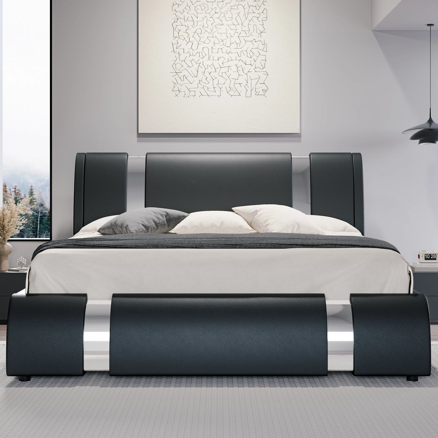 Modern Faux Leather Bed Frame with Iron Pieces Decor, Low Profile Platform Bed with Height-Adjustable Headboard.