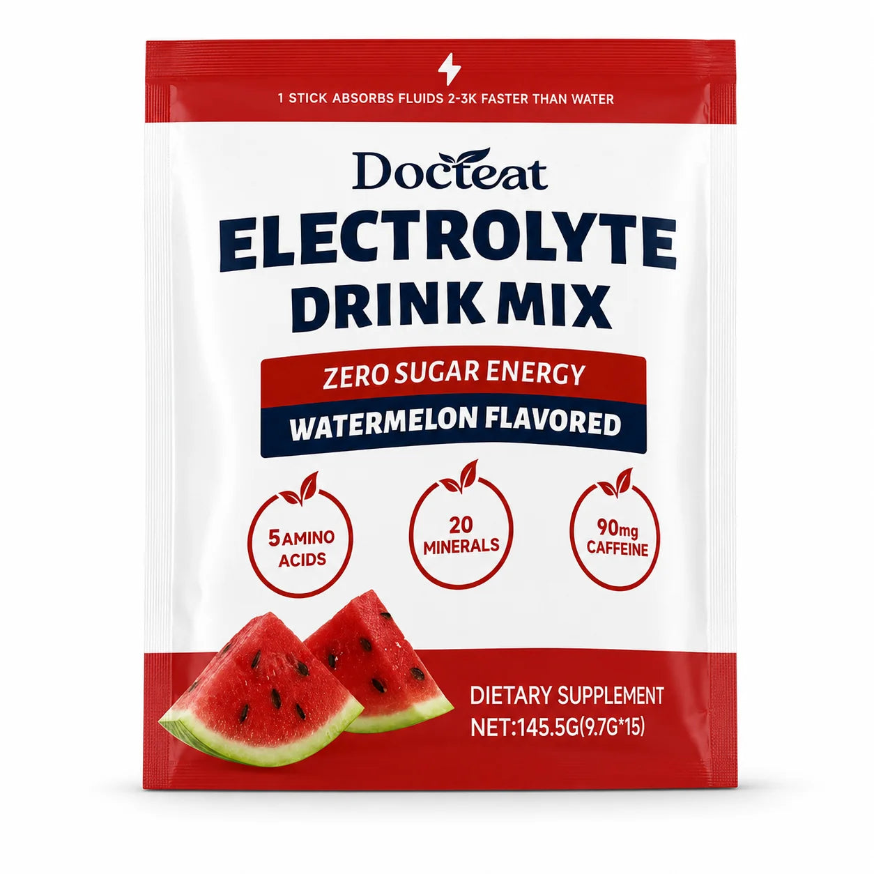 Electrolyte Drink Mix, Watermelon Flavored Zero Sugar Powder, 15 Servings, 90mg Caffeine with L-Citrulline and Taurine.