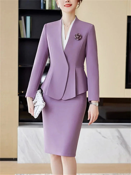 Slim 2 Piece Blazer and Skirt 2025 New Fashion Office Ladies V Neck Long Sleeve Blazers.