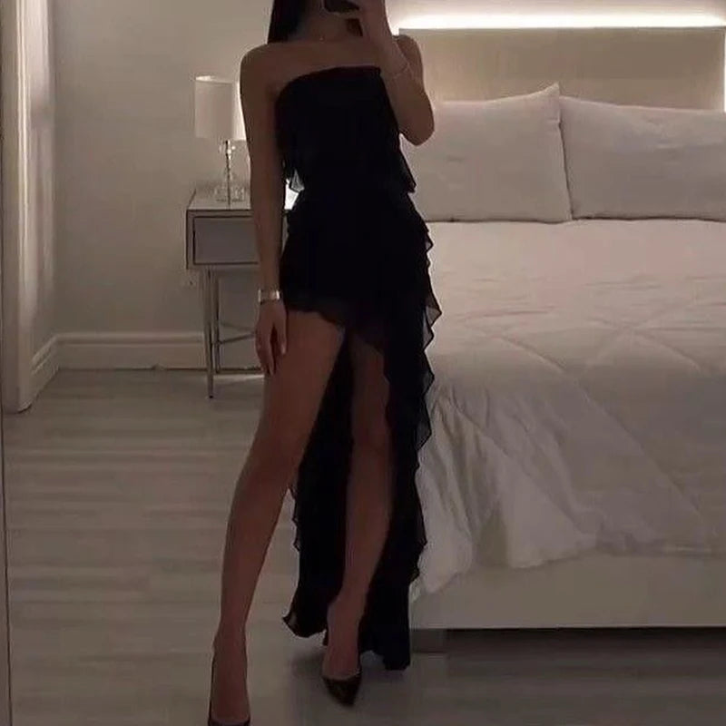 Women Strapless Sexy Floral Fold Hemline, High Slit, Mini Dress 2024 Solid