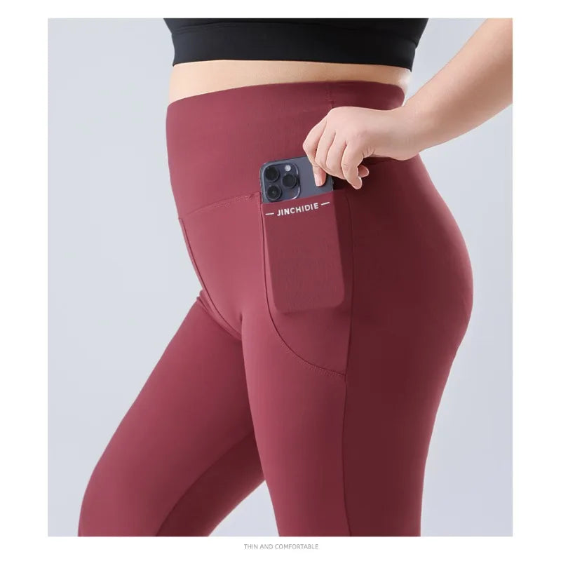 Plus Size Fit Yoga Flared Trousers, Seamless, Two Sides Pocket Leggings High Waist Push Up Butt Training Leggings.