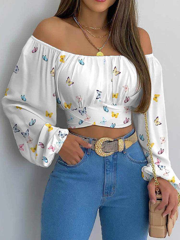 Women Sexy Off Shoulder Blouse, Chic and Elegant Long Sleeve Lace Up Bow Cropped, Casual Slim Shirts 2024.