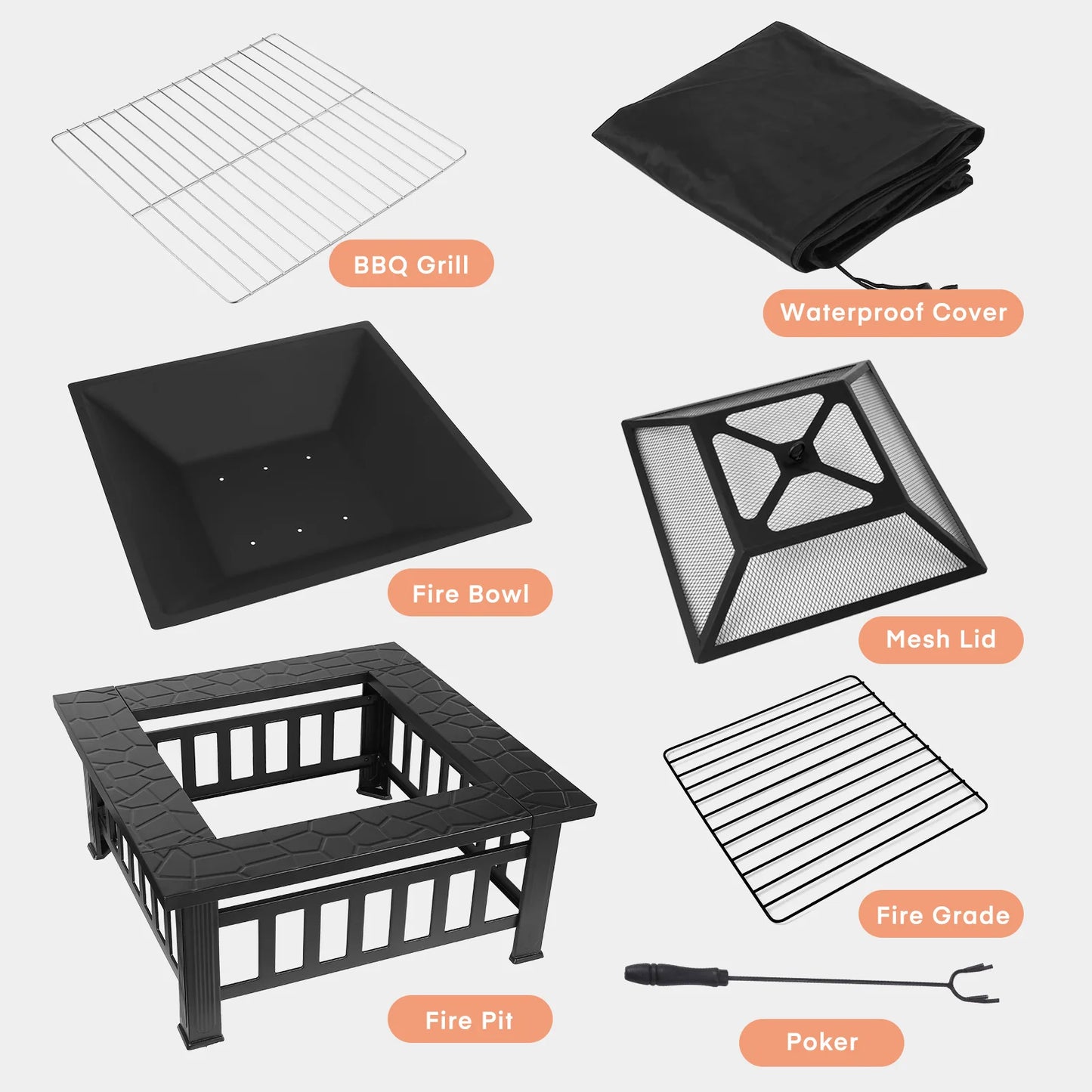 Steel Fire Pits for Outside, 32'' Square Wood Burning Fire Pit Table.