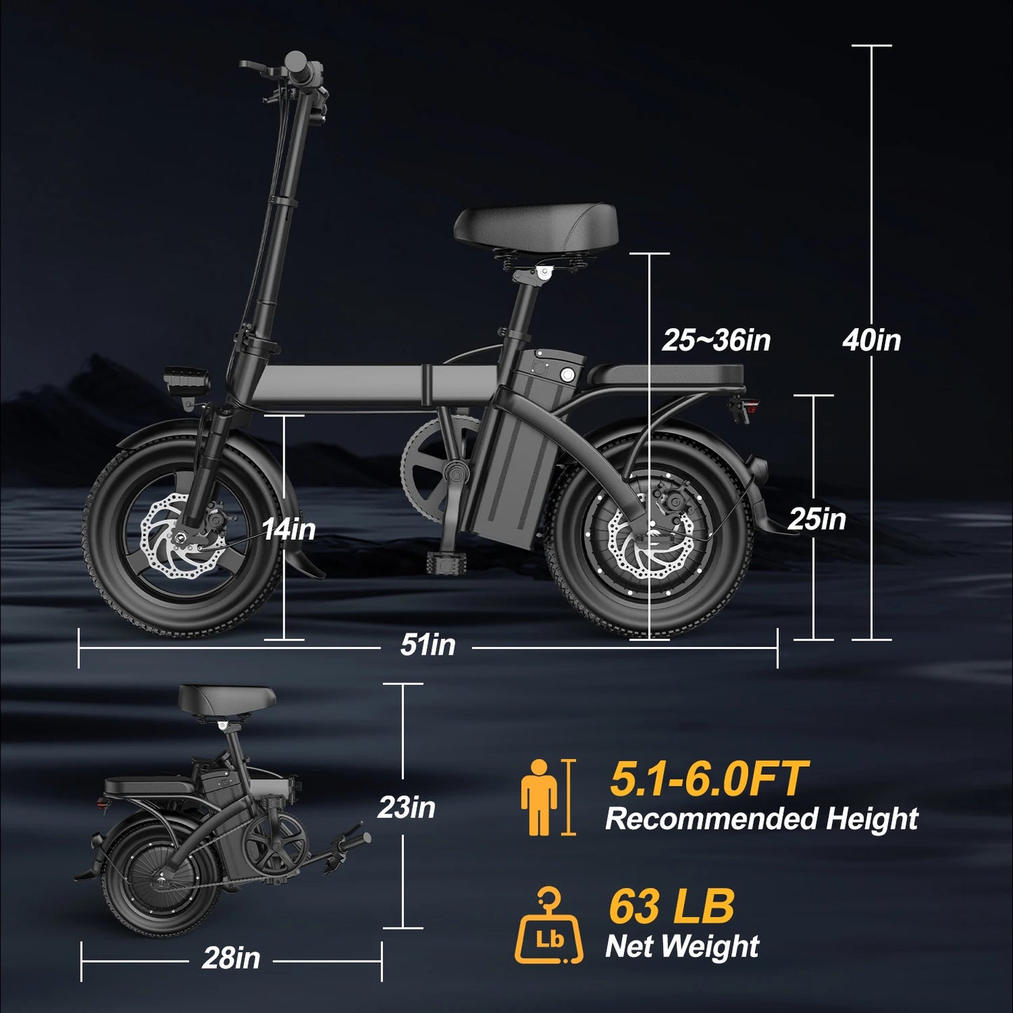 Peak 750W Electric Bikes Adult, 48V 480Wh Removable Battery, 20MPH Compact Folding With LCD Display, 20-30Miles Commute.