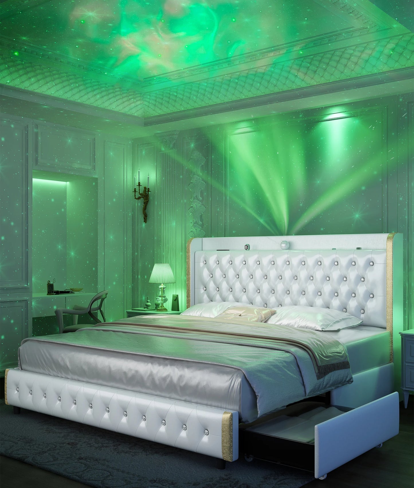 Queen LED Bed Frame with Galaxy Projector, Bluetooth Speaker, USB Ports, 4 Drawers, No Box Spring Needed.