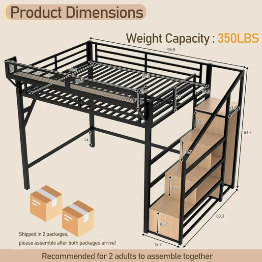 Queen Size Metal Loft Bed Frame, with Storage Stairs, Side Shelf, Wardrobe, USB Ports, and LED Lighting
