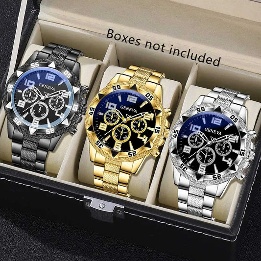 3PCS Men's Watch Set, Business Trend Versatile Digital Scale Circular Dial, Quartz Watch.