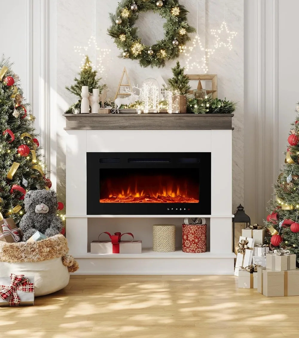 40" Freestanding Electric Fireplace Heater with Mantel, 12 Flame Colors & Remote Control for Living Room.