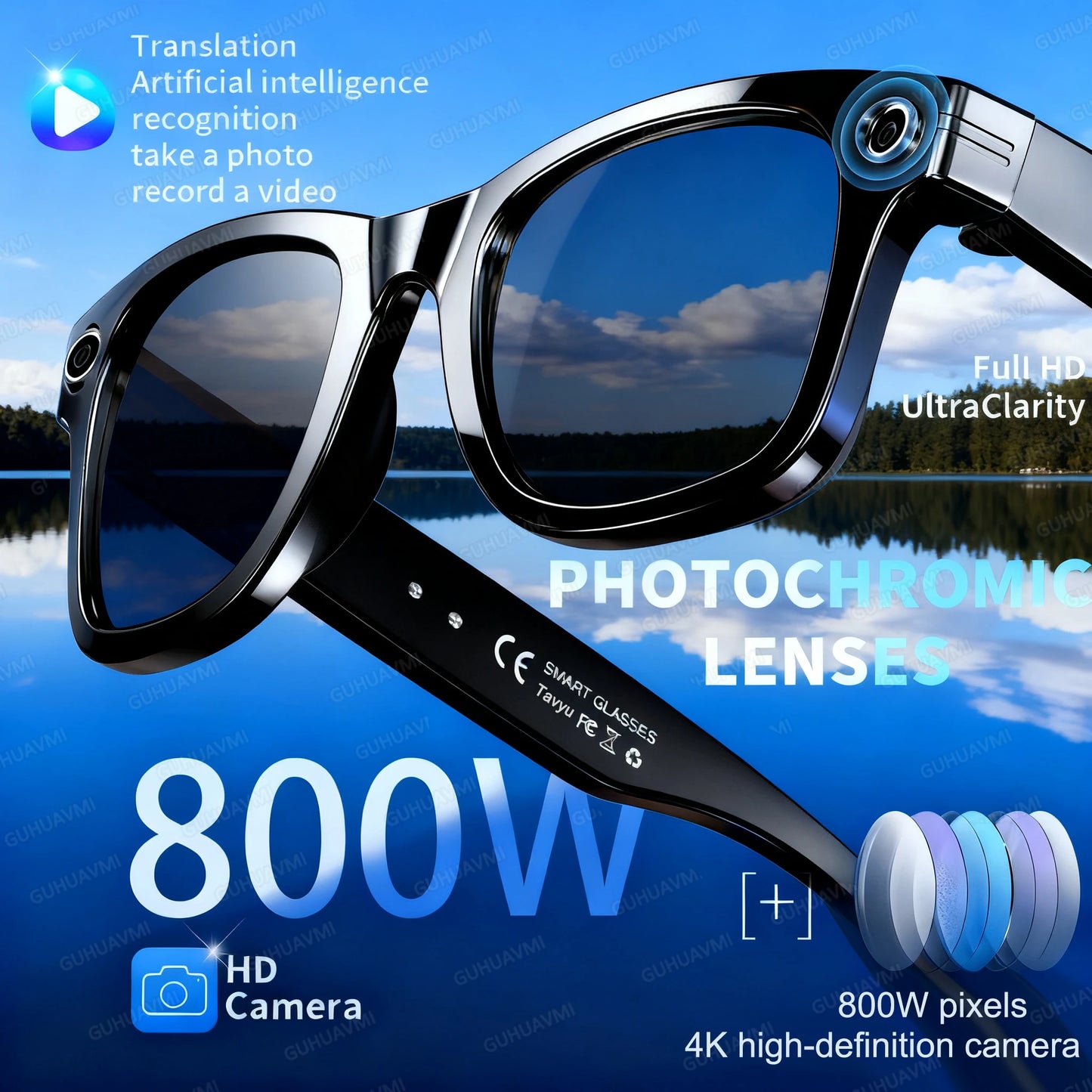 New 8 Million Pixels Camera Smart Glasses, Recording Videos, AI Photo Recognition, Answer Translation, Waterproof Blue light Glasses.
