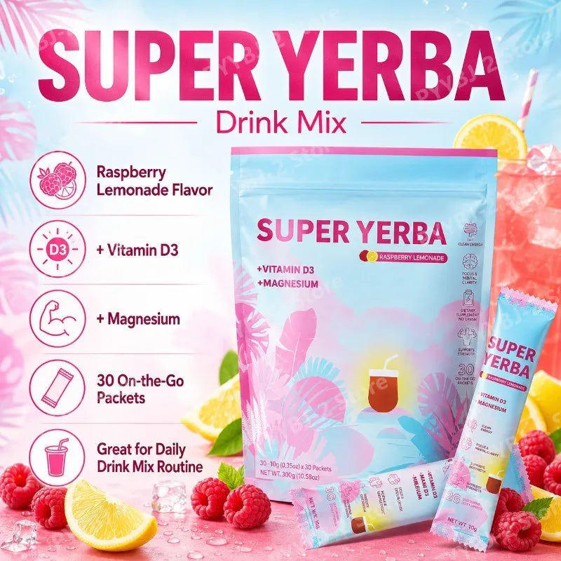 Yerba Instant Powder 30 Packets, Contain Raspberry Lemonade Flavor, Vitamin D3 Prebiotics Support Gut Clean and Provide Energy.
