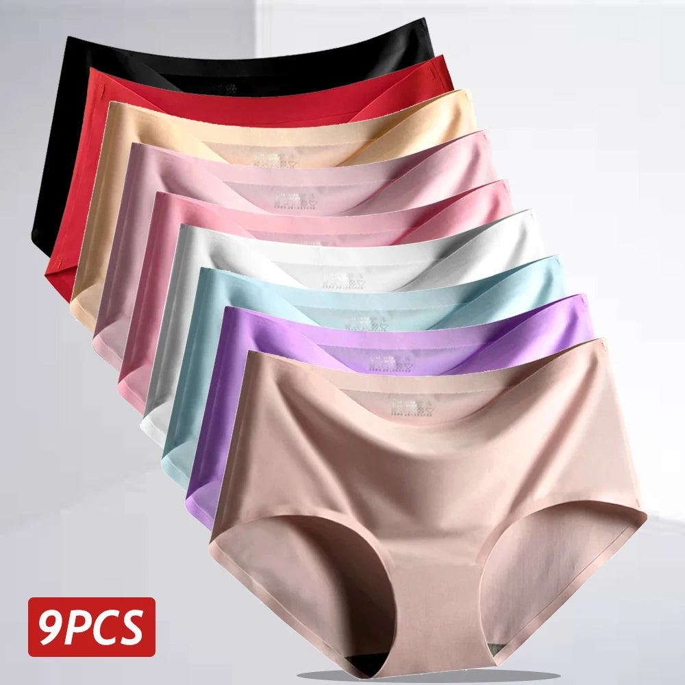 9PCS Ice Silk Seamless Panties For Women, Mid Rise Intimate Breathable Large Size Lingerie.