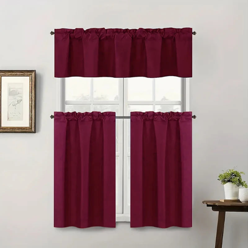 Solid Color Curtains, Kitchen Curtains W106cm x H30cm 1PC, W132cm x H61cm 1PC, W70cm x H132cm 2PCS