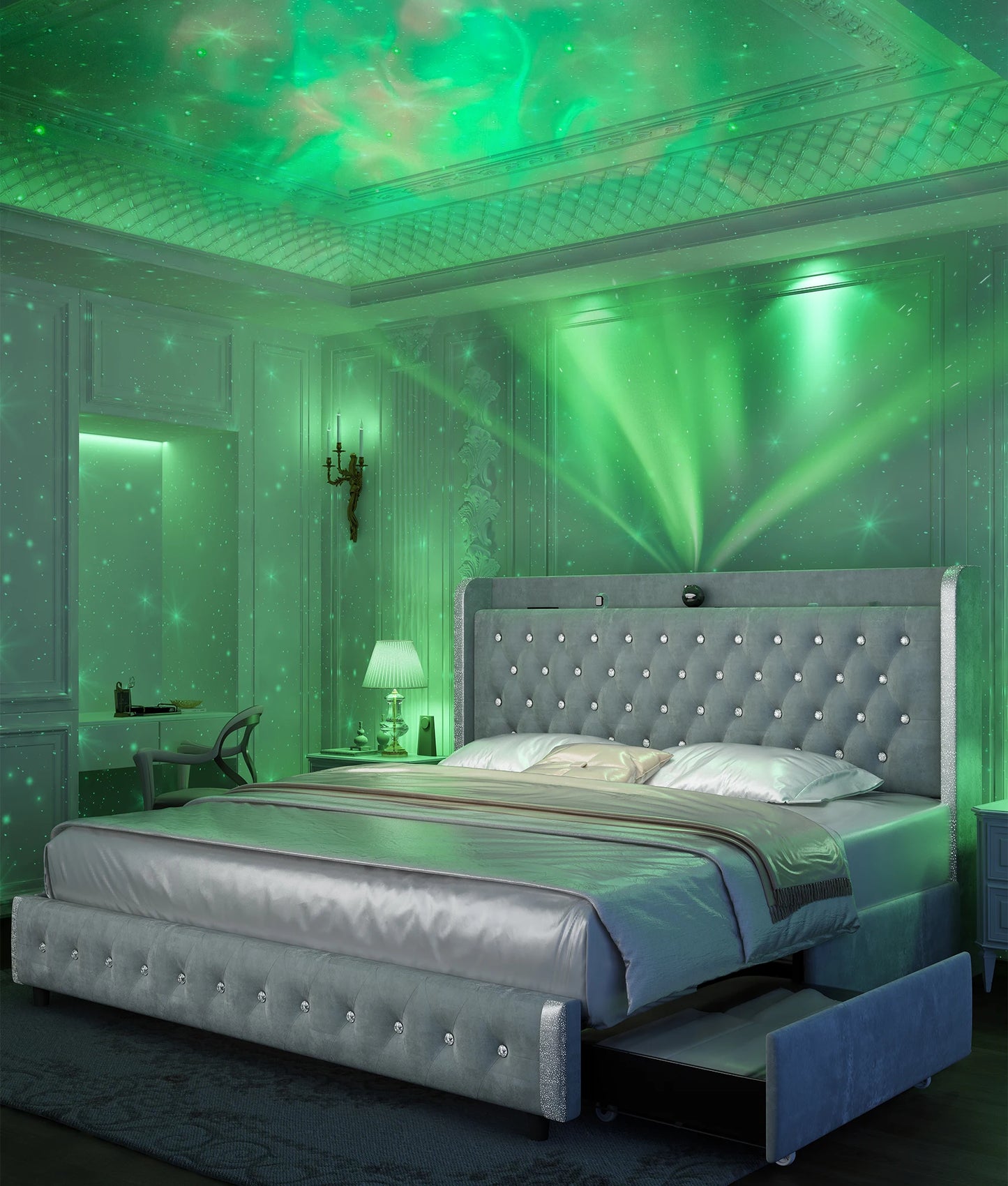 Queen LED Bed Frame with Galaxy Projector, Bluetooth Speaker, USB Ports, 4 Drawers, No Box Spring Needed.