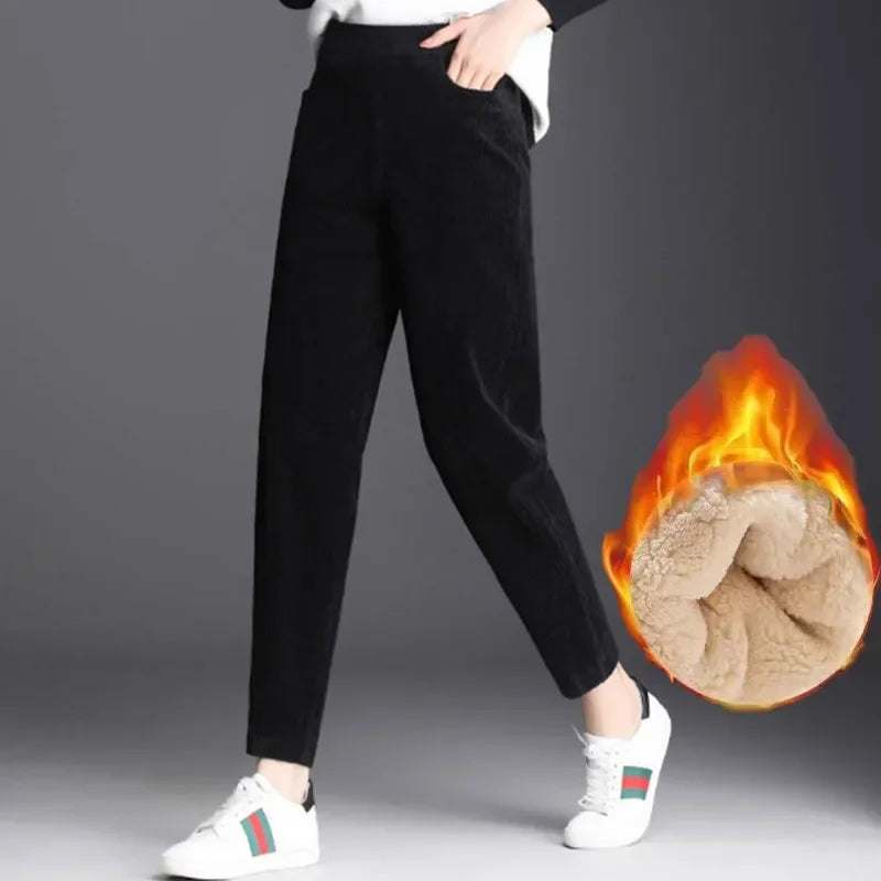 Women Corduroy Warm Pants Thick Plush Casual  Trousers.