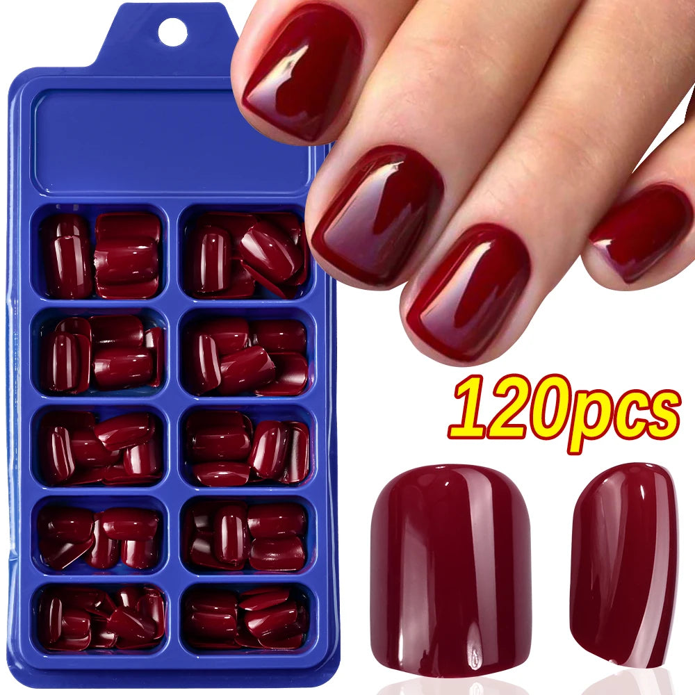 120Pcs Red Short Square Fake Nails  Full Cover Press on Acrylic Fingertip.