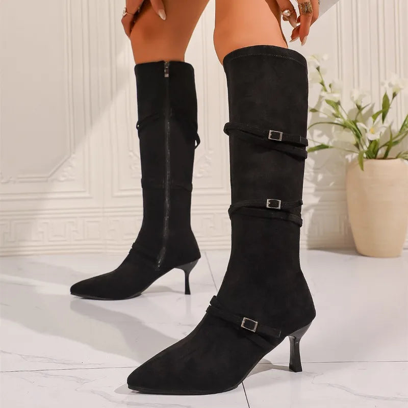 2025 Winter Fashion Buckle Designer, New Round Toe High Boots. Outdoor, Shopping, Leisure, Party Women's Dress Boots.