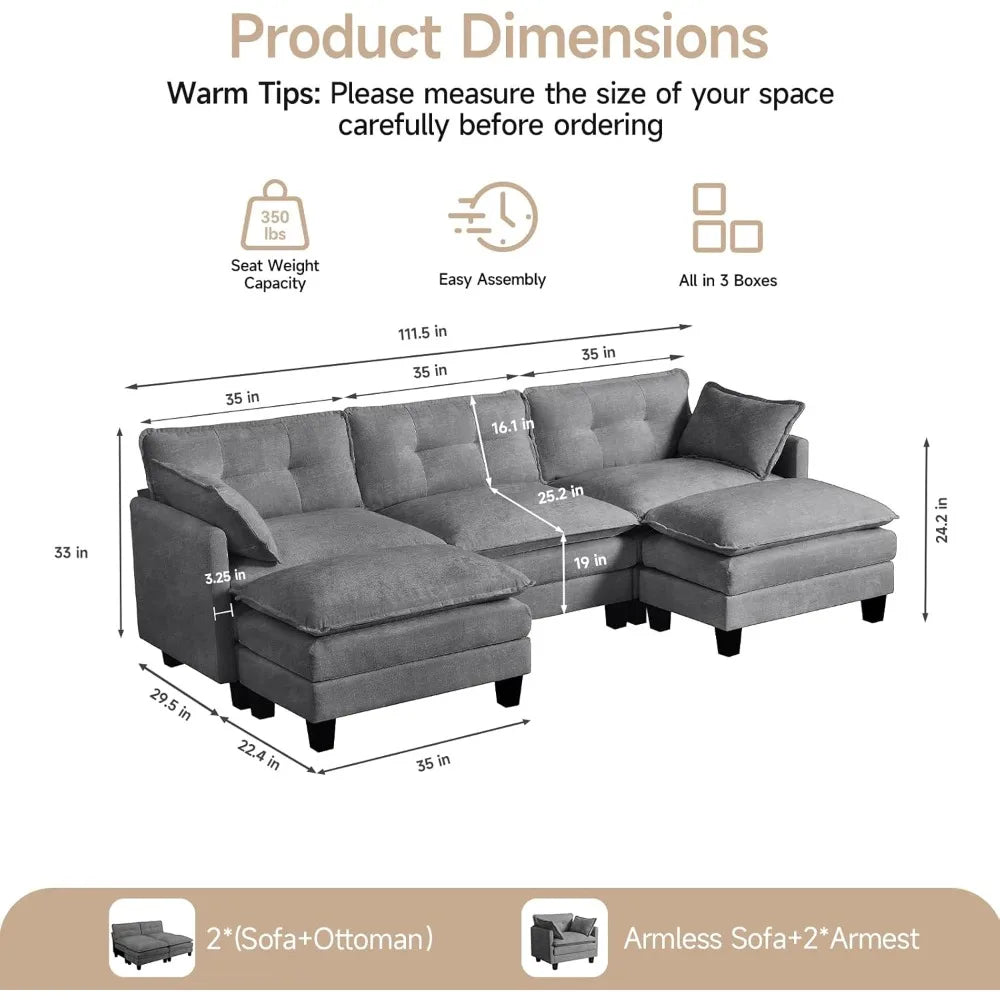 108" U Shaped Modular Sectional Sofa Comfy Cloud 3 Seat with Movable Ottoman Deep Seat Living Room Linen Beige Customized