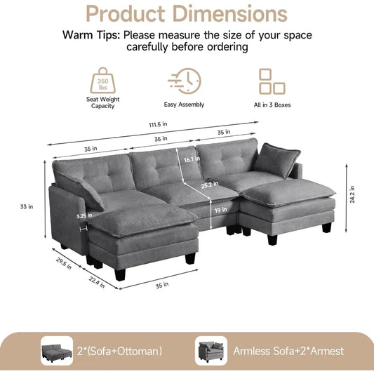 108" U Shaped Modular Sectional Sofa Comfy Cloud 3 Seat with Movable Ottoman Deep Seat Living Room Linen Beige Customized