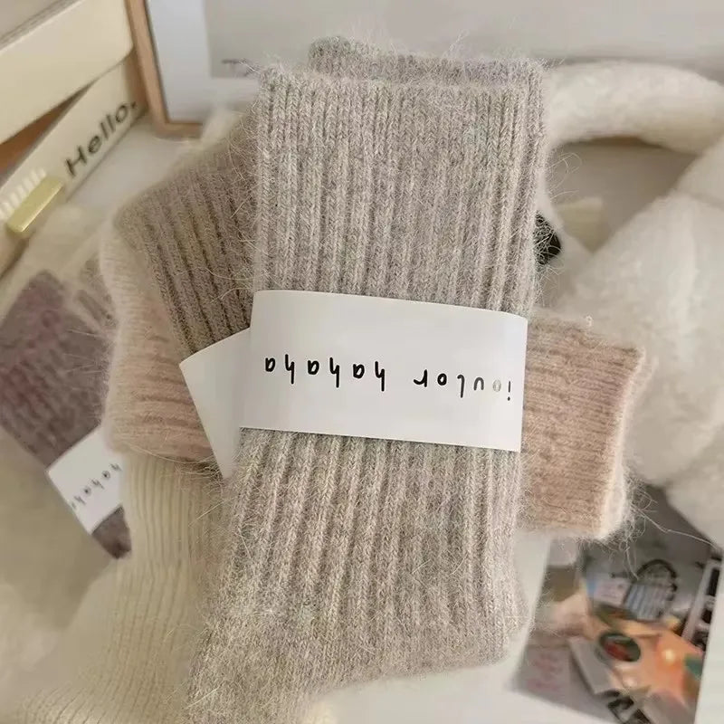 Thick Warm Women's Cashmere Wool Socks Solid Color Long Sox for Ladies