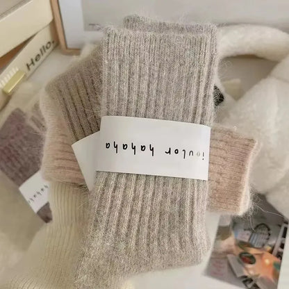 Thick Warm Women's Cashmere Wool Socks Solid Color Long Sox for Ladies
