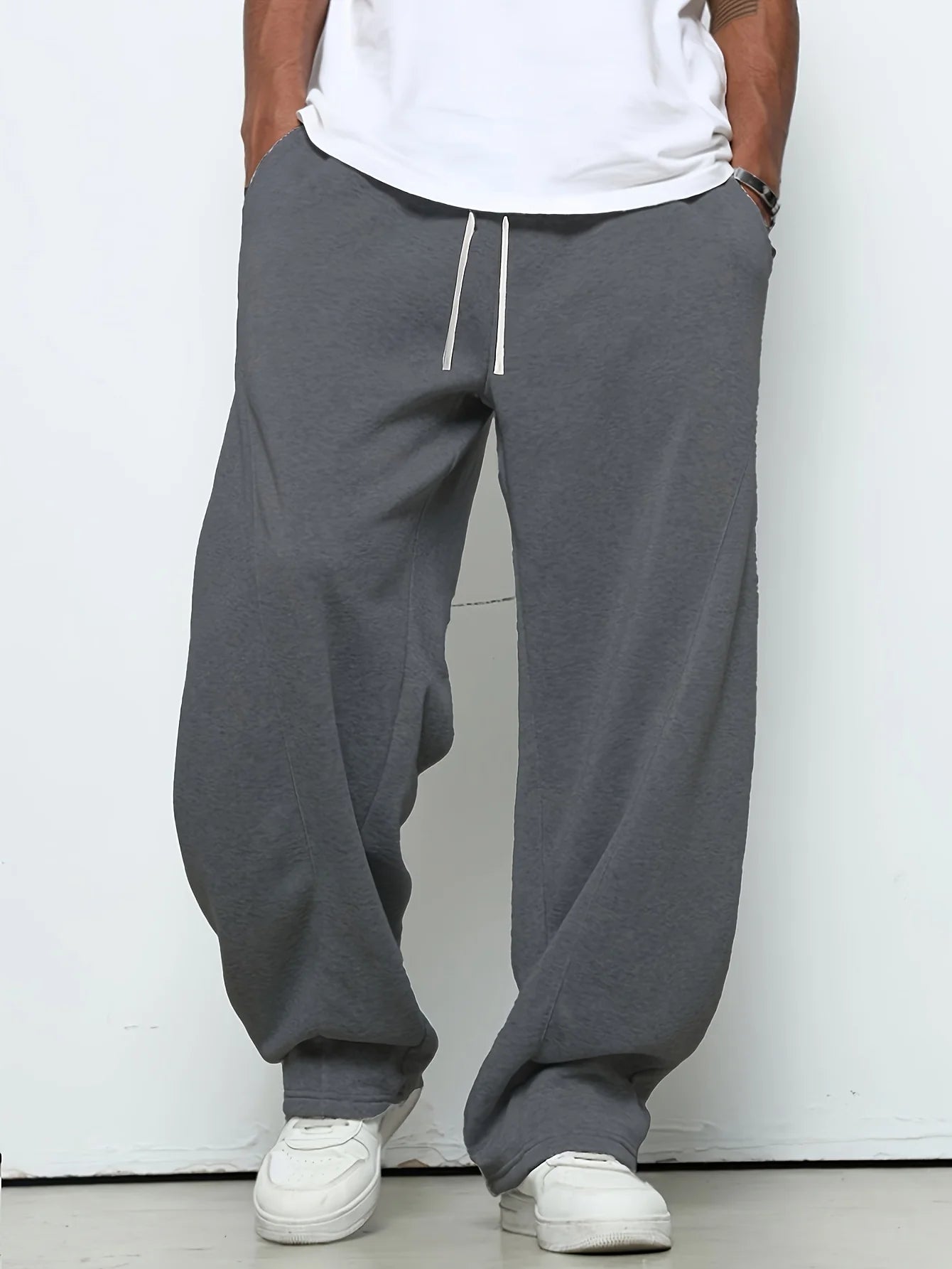 Men heavy breathable sports jogging pants, elastic drawstring waist loose casual trousers.