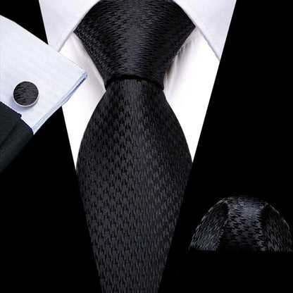 Black White Gray Silver Men Tie Handkerchief Cufflinks Set.