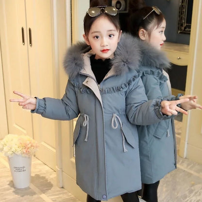 Warm Jackets for Girls Two Colors, Faux Fur Hooded Coat , White Duck Down Parkas