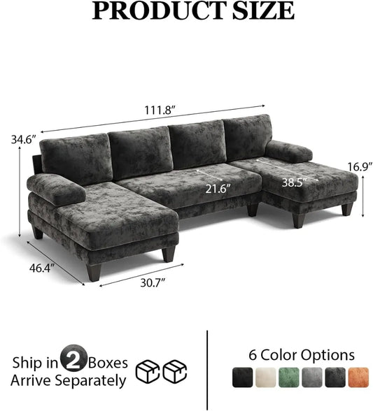 112 Inch U-Shaped Sectional Sofa, Dark Grey Chenille Fabric, Double Chaise for Living Room.